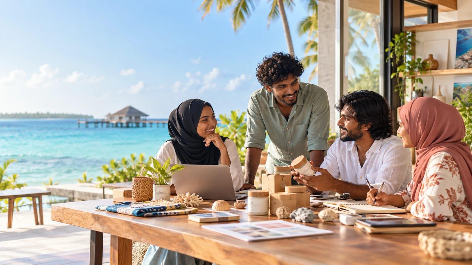 Young Maldivian entrepreneurs planning a business at a table by the sea